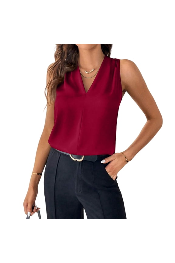 Shell Tops for Women Work Professional Sleeveless Blouse To Wear Under Blazers Vneck Vest Summer Fashion Work Tops Wine L