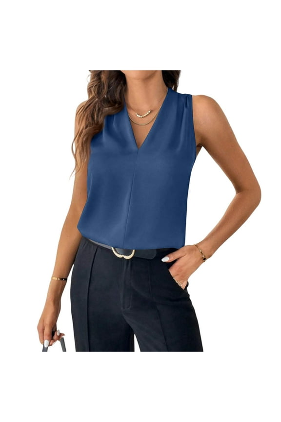 Shirt for Under Blazer Women Business Professional Sleeveless Blouses V-Neck Vest Top Basic Summer Work Tops Navy L