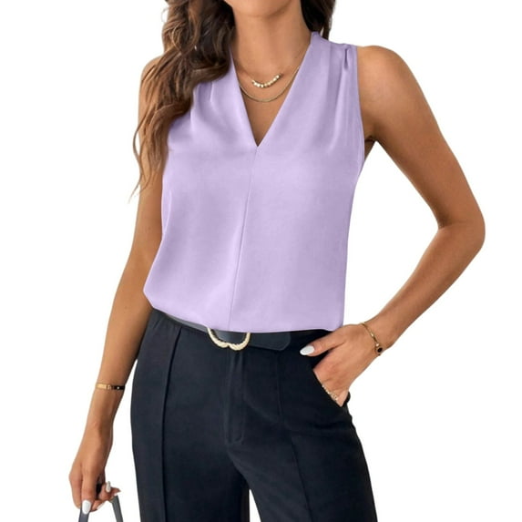 Ktyne Tank Tops Women 2025 Work Professional Sleeveless Blouses for Under Blazer V-Neck Vest Top Summer Loose Fit Work Tops Light Purple L