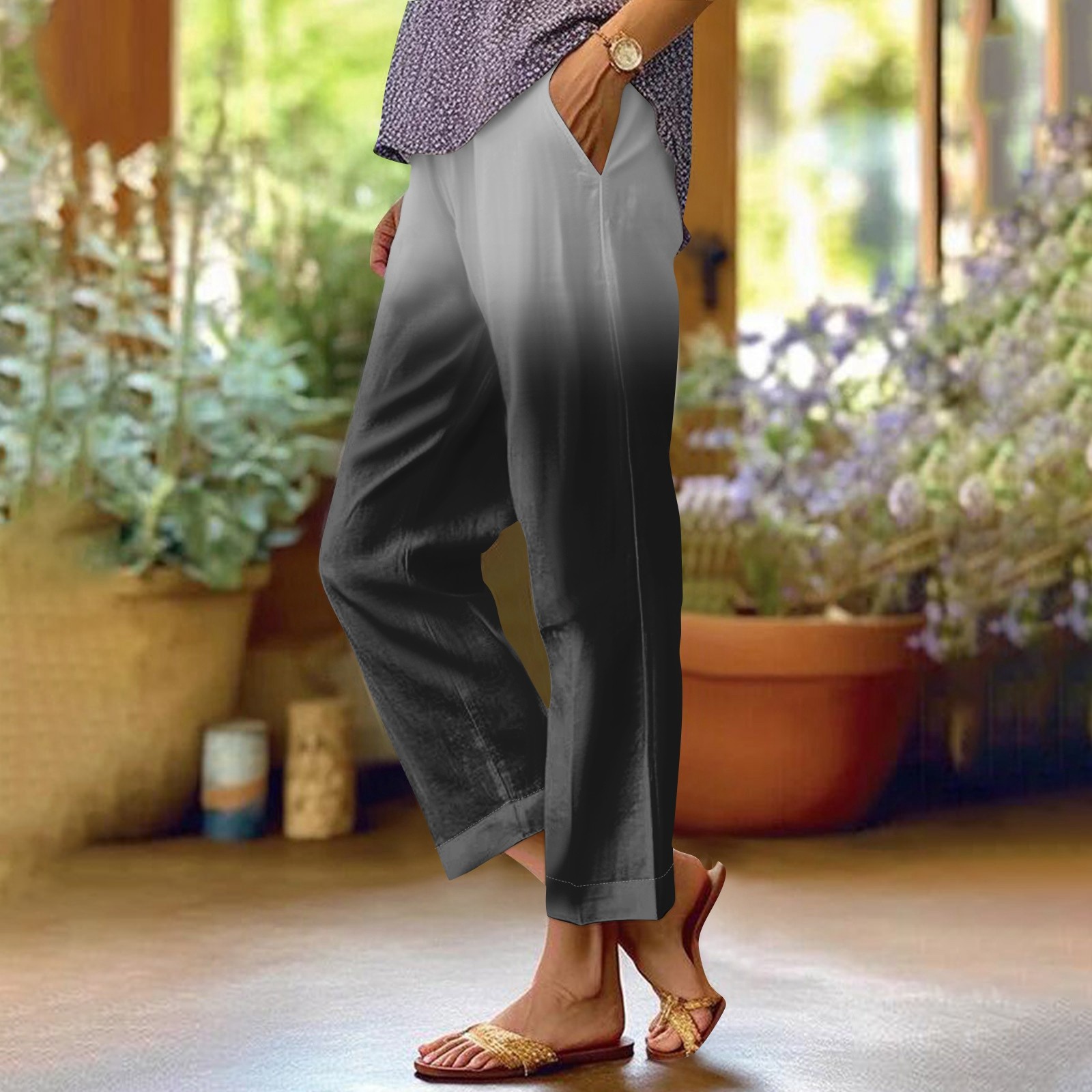 Ktyne Women Linen Pants Elastic Waist Flowy Capris Pants Summer