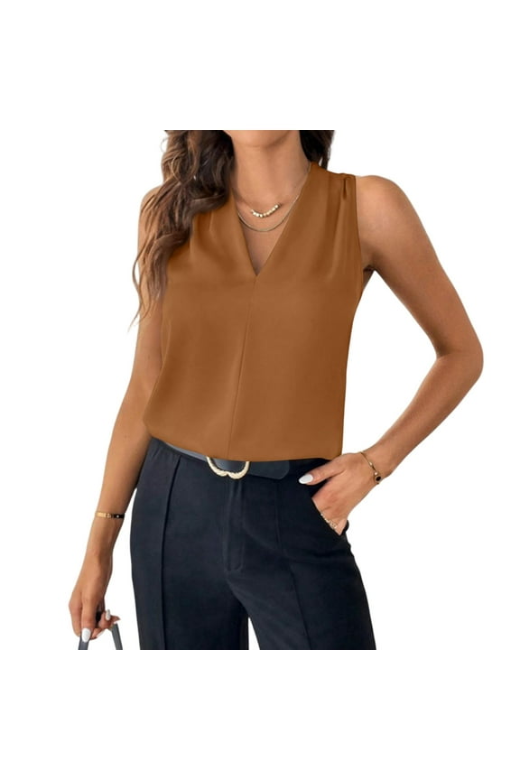Women's Shell Tops Business Professional Sleeveless Blouses To Wear Under a Blazer Vneck Vest Top Summer Loose Fit Work Tank Tops Camel L