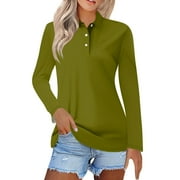 Ktyne Womens Golf Polo Shirts Long Length Sleeve V Neck Beach Vacation Shirts Button Down Collared Trendy Solid Color Tops Basic Collar Cute Tees Army Green S