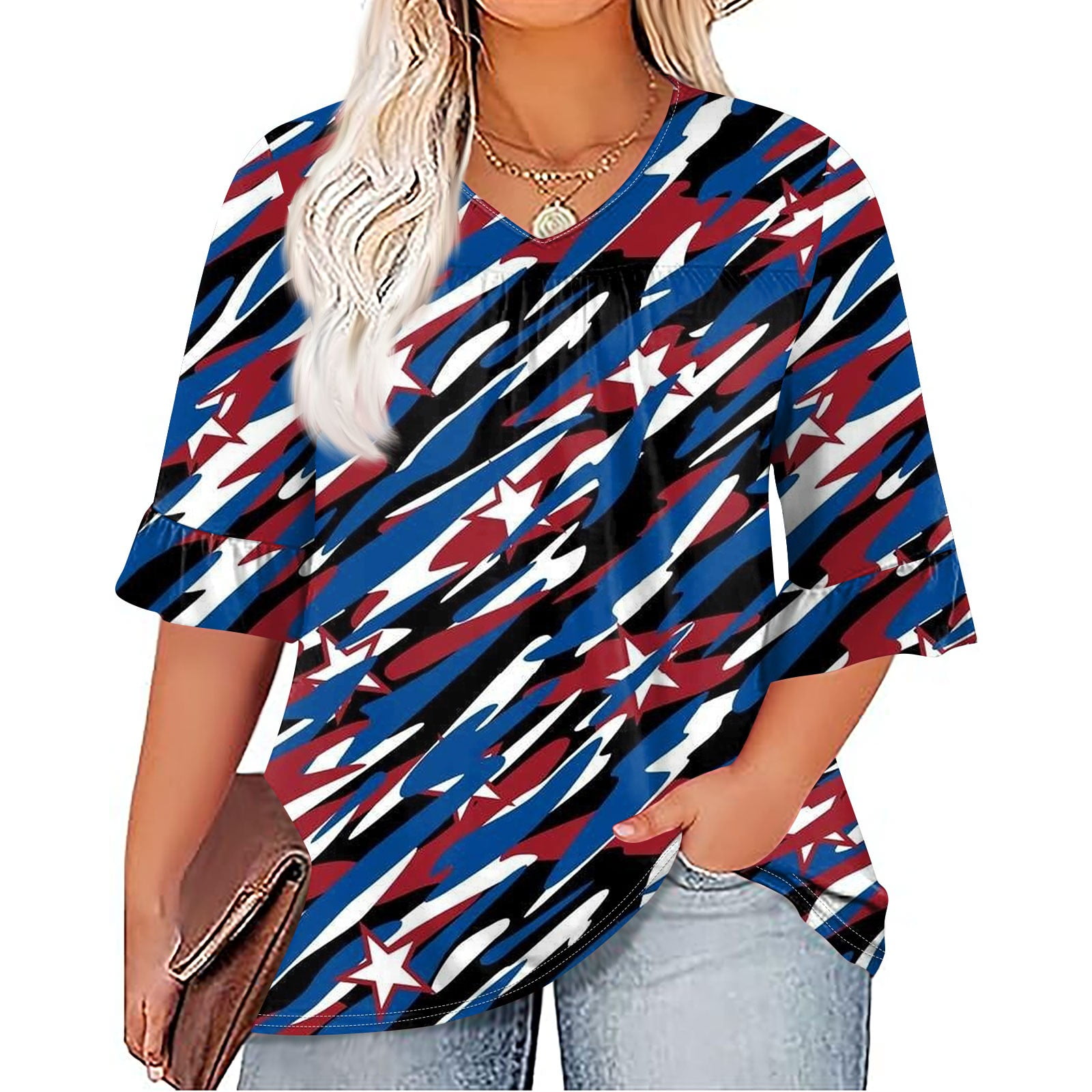 Ktyne Womens Plus Size Tops Ruffle Three Quarter Length Sleeve Dressy