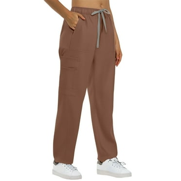 Ktyne Womens Scrub Bottoms Soft Stretchy Scrub Pants with Pockets Anti-Wrinkle Slim Fit Cargo Scrub Pants Lightweight Drawstring Running Sweatpants Brown XXL