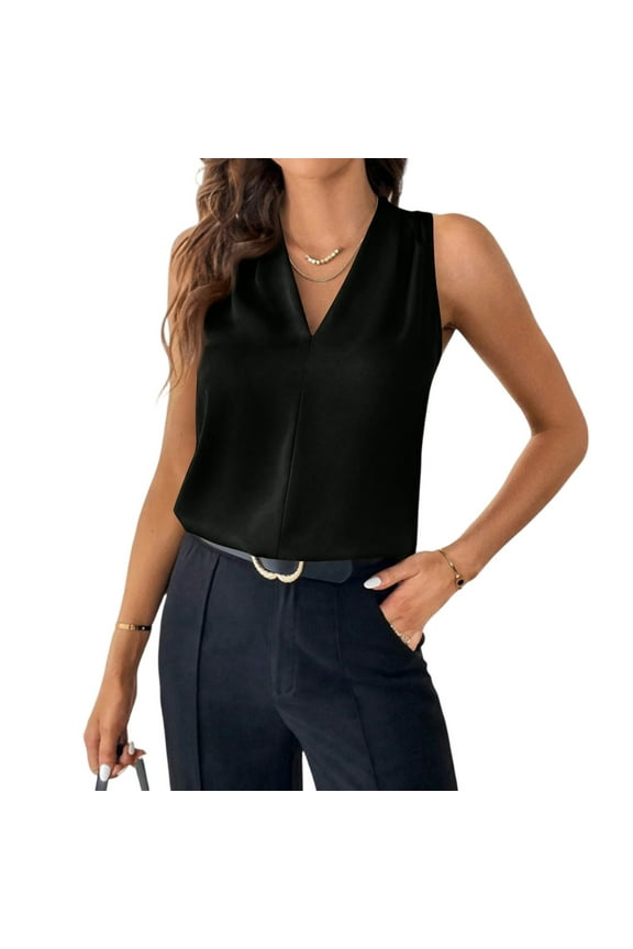 Womens Shell Tops Under Blazer Professional Sleeveless Blouse for Under Blazer V Neck Vest Top Summer Basic Work Tops Black M