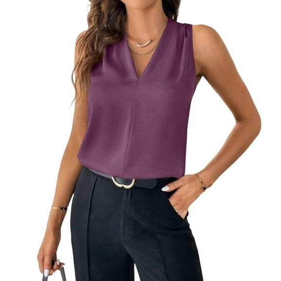 Ktyne Womens Shell Tops Under Blazer Professional Sleeveless Blouses for Under Blazer V Neck Vest Top Summer Trendy Work Tops Purple L