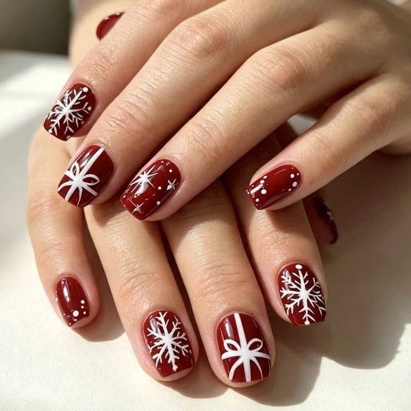 Ku0Kaa 24 Pack Christmas Press On Nails, Burgundy Snowflake & Bow, Short Square Fake Nails, winter bow details, Festive Manicure for Christmas Parties, Photos, Daily Wear and Gifts