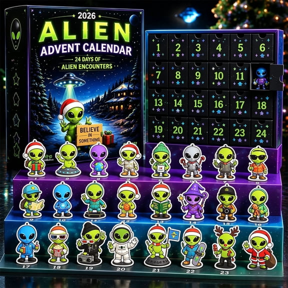 Ku0Kaa Alien Advent Calendar 2026, 24 Day Christmas Countdown with 2D Acrylic Alien Figures, Space Theme Collectible Decorations for Desktop, Shelf and Holiday Display