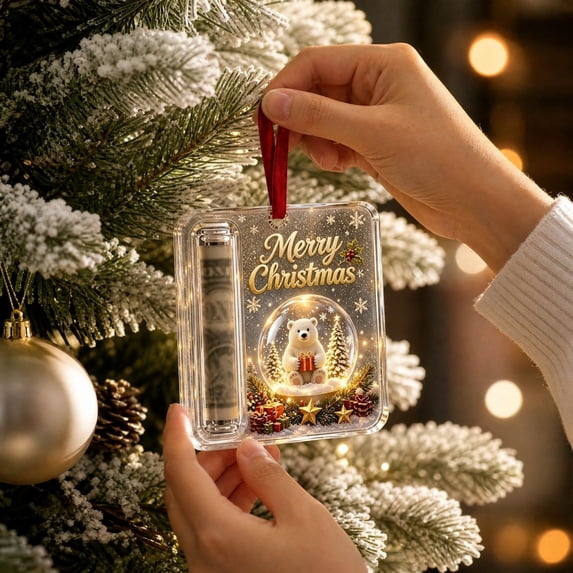 Ku0Kaa Christmas Cash Gift Holder Ornament, Polar Bear Snow Globe, Acrylic Money Holder with Rolled Bill Slot, Hanging Ornament for Stocking Stuffers and Holiday Gifting, 3.94 Inch