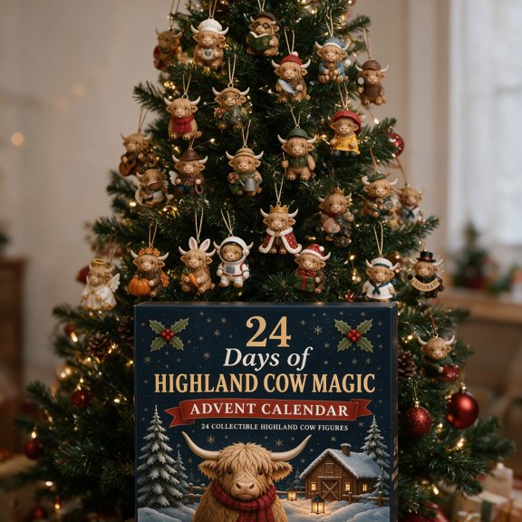 Ku0Kaa Highland Cow Advent Calendar 2026, 24 Day Christmas Countdown with 24 Flat Acrylic Cow Hanging Ornaments, Holiday Tree Decorations and Collectible Gift, 10.24 x 7.09 Inch