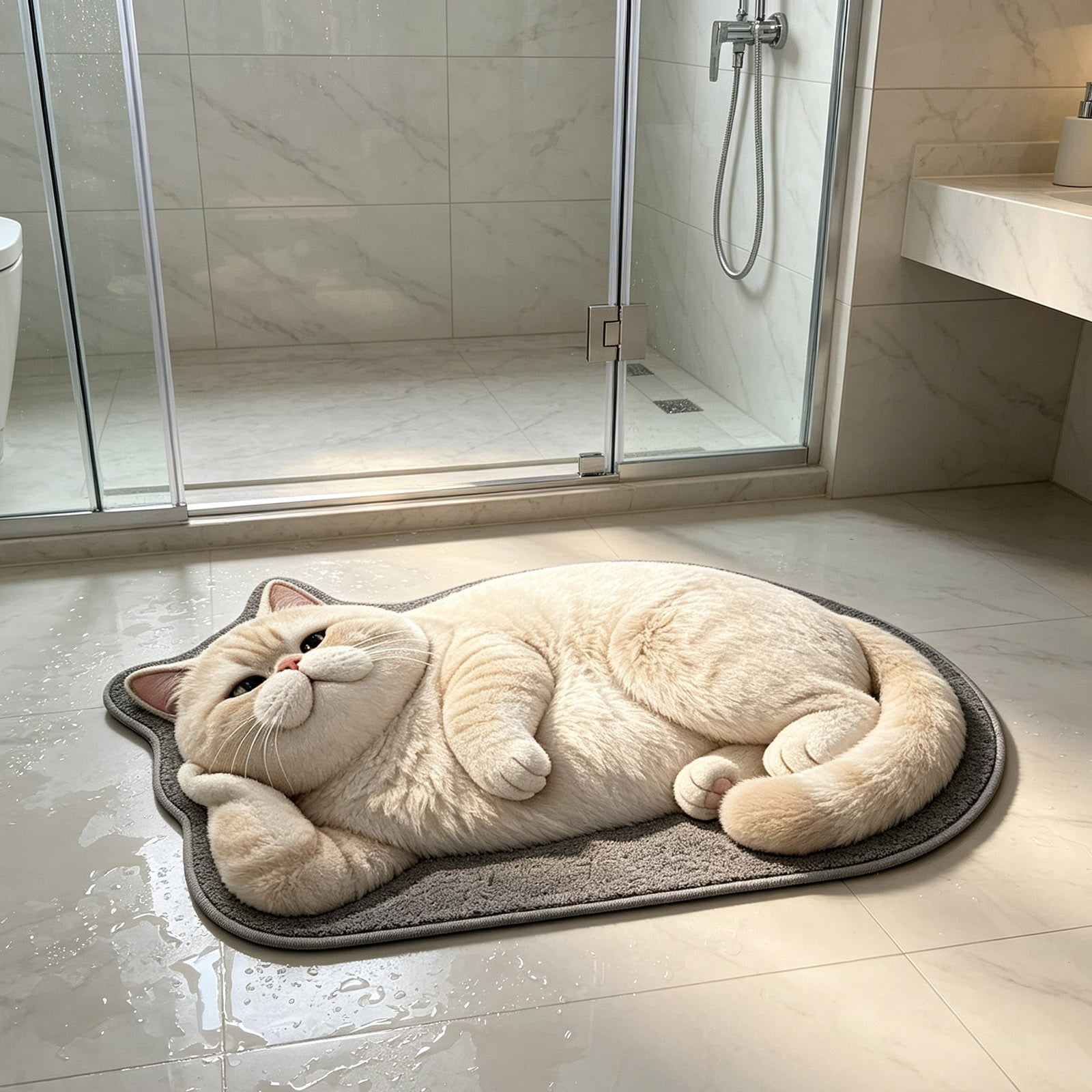 Sprinkle Area Rug Ku0Kaa Sleeping Cat Bath Mat, Cute Cat-Shaped Bathroom Rug with Cream ...