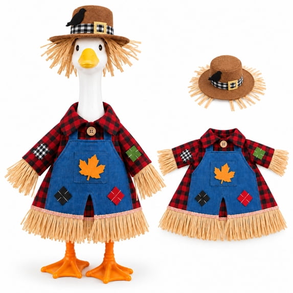 KuKeDi 2-Piece 23 inch Porch Goose Outfit, Plaid Harvest Clothes with Straw Hat