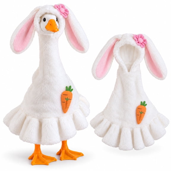 KuKeDi 23 inch Porch Goose Outfit, Plush Bunny Hooded Dress for Goose Statue Decor