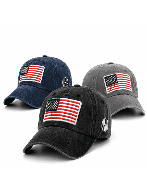 3 Pack American Flag Baseball Caps, Washed Cotton Adjustable Dad Hats for Men Women