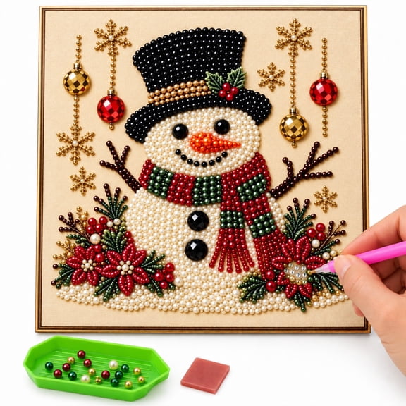 KuKeDi Christmas 3D Pearl Bead Art Kit, 7.9 x 7.9 Inch DIY Snowman Craft Kit
