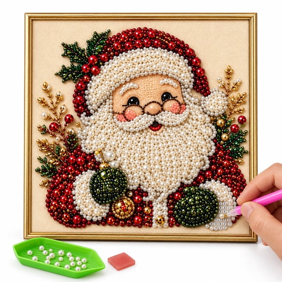 KuKeDi Santa Pearl Bead Art Kit, 7.9 x 7.9 inch DIY Christmas Beaded Craft