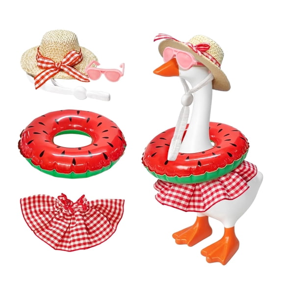 KuKeDi 7 inch Mini Desk Goose Outfit Set, Beach Clothes with Swimsuit Hat Sunglasses and Swim Ring Accessories