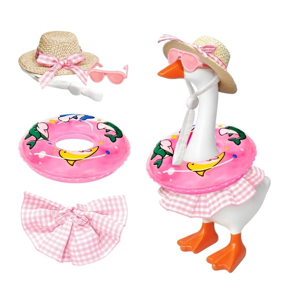 KuKeDi 7 inch Mini Desk Goose Outfit Set, Beach Clothes with Swimsuit Hat Sunglasses and Swim Ring Accessories