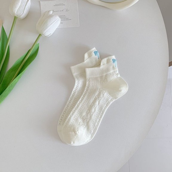 KuKuZhu Cute Bow Embroidery Socks For Women Summer Mesh Ankle Socks Solid Color Breathbale Cotton Girls Short Socks