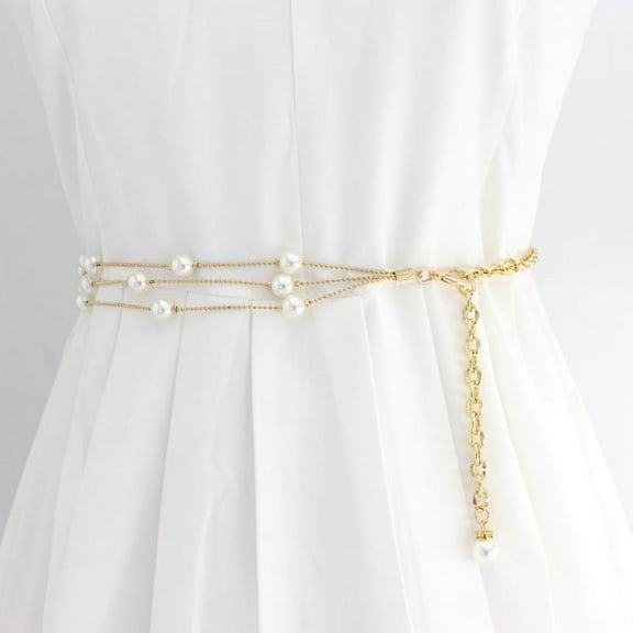 KuKuZhu Elegant Women Acrylic Pearl Thin Chain Belt Gold Adjustable Metal Waist Chain Laies Dress Skirt Waistband