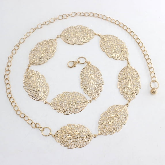 KuKuZhu Fashion Women Metal Vintage Belt Leaf Stylish Metal Golden Silver Leaves Design Chain Belt Women's Waist Elasticity Waist Belt