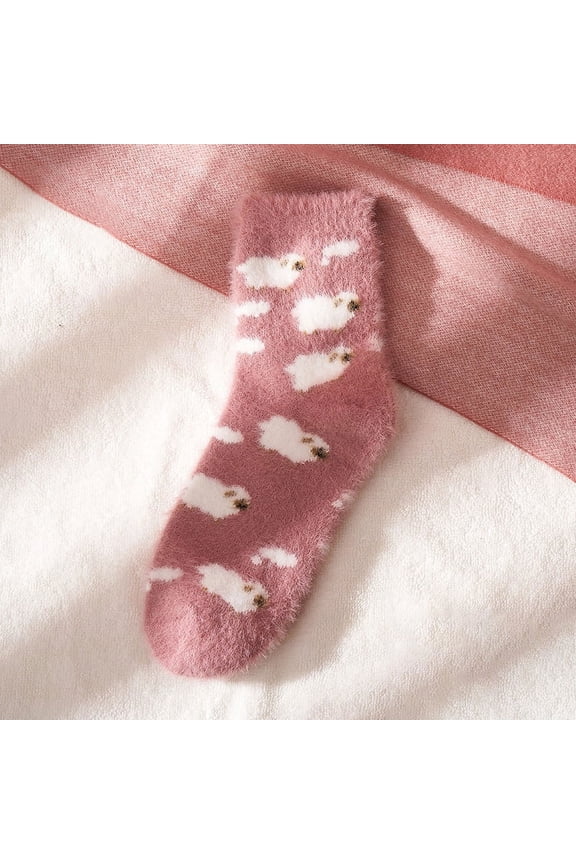 Fluffy Plush Women Socks Cartoon Love Heart Striped Thicken Velvet Mid Tube Socks For Girl Ladies Home Sleep Warm Floor Sock