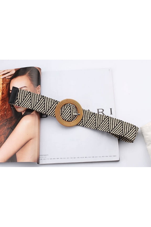 New Fashion Women Bohemian Elastic Braided Belt Party Female Dress Jeans Wide Black PP Straw Designer Wood Buckle Boho Belts