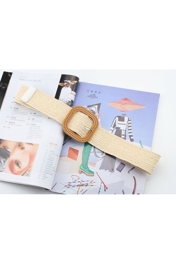 New Fashion Women Bohemian Elastic Braided Belt Party Female Dress Jeans Wide Black PP Straw Designer Wood Buckle Boho Belts