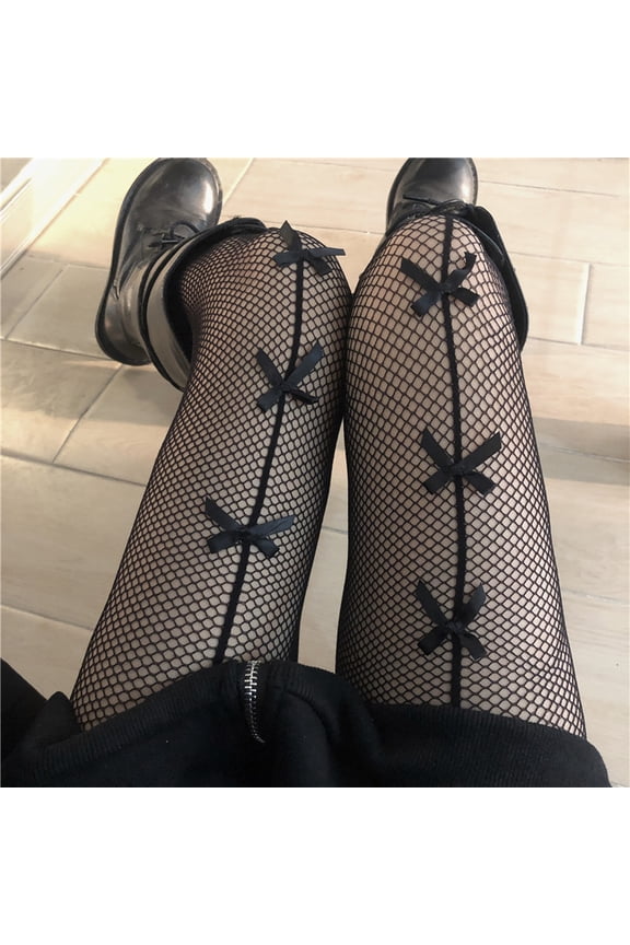 Sexy Lolita Bow Stockings Women Transparent Mesh Fish Net Long Socks Punk JK Black White Slimming Pantyhose Female Tight Legging