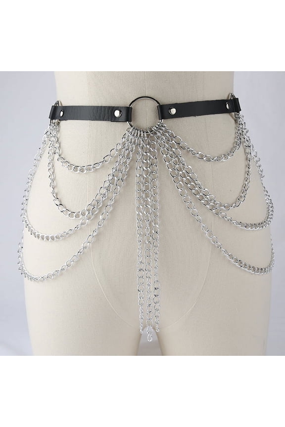 Sexy Women Gothic Hiphop Belt with Chain Harajuku Punk Style Jk Waist Adjustable Disco Dancing Pu Dress Jeans Waist Chain Belt