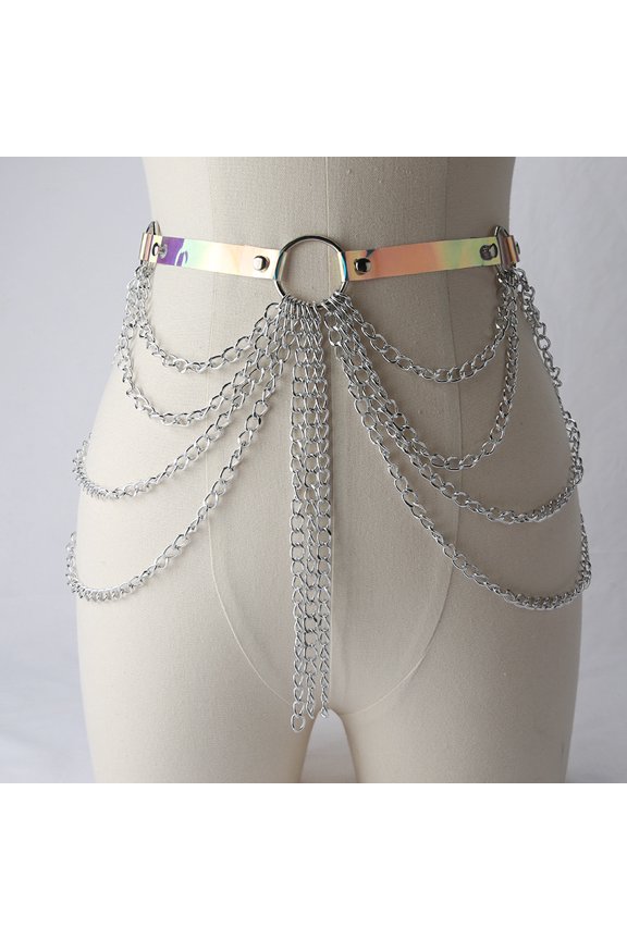 Sexy Women Gothic Hiphop Belt with Chain Harajuku Punk Style Jk Waist Adjustable Disco Dancing Pu Dress Jeans Waist Chain Belt