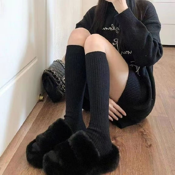 KuKuZhu Women Knitting Knee High Socks Black White Fashion Casual Calf Socks For Girl Female Striped Over Knee Long Sock