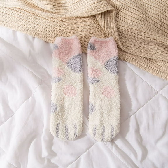 KuKuZhu Women Winter Warm Socks For Women Cartoon Cat Paw Fluffy Socks Female Coral Fleece Home Floor Sleep Socks