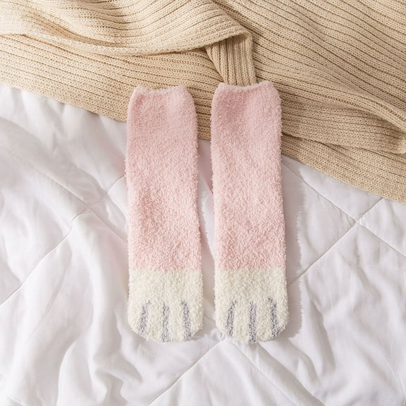 KuKuZhu Women Winter Warm Socks For Women Cartoon Cat Paw Fluffy Socks Female Coral Fleece Home Floor Sleep Socks