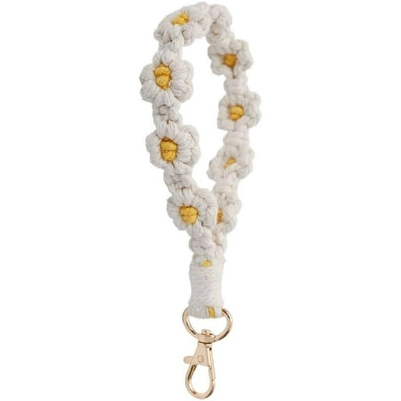 KuKuzhu Generic Handmade Keychain Boho Wristlet Keychain, Macrame Keychain Wristlet Bracelet,Daisy Flower Keychain,Phone Charm(white), Medium, Transparent