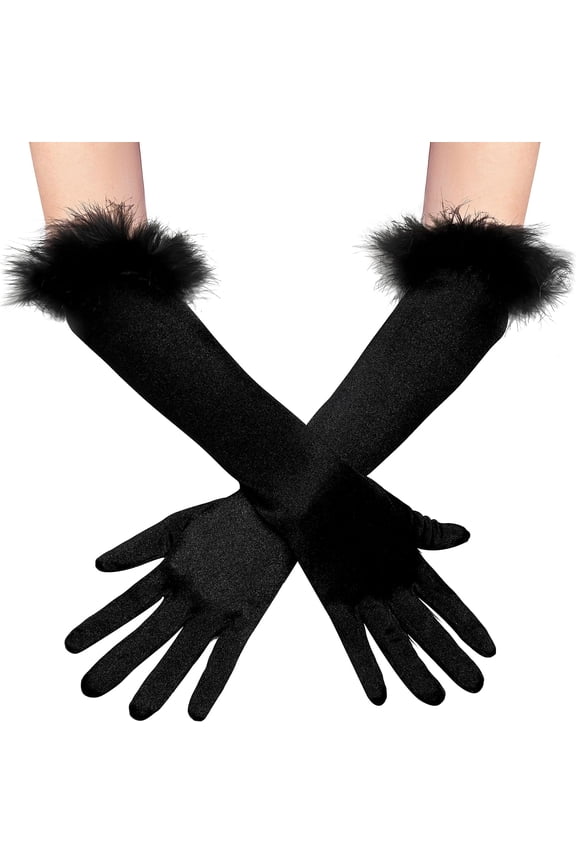 Long Satin Opera Gloves Pageant Feather Gloves 1920s Stretchy Elbow Length Gloves for Halloween Costume Party