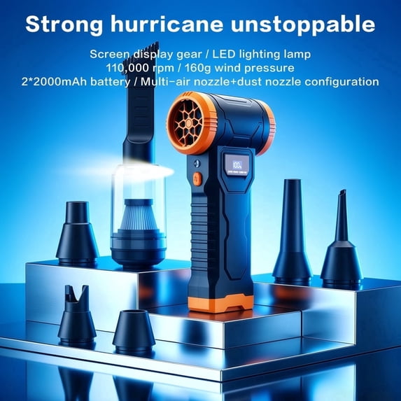 KuaiKoul Compressed Air Duster & Handheld Vacuum 2-in-1, 110,000 RPM Brushless Electric Air Blower with Smart LED Screen, 4-Speed Cordless Keyboard Cleaner for Car, PC, Electronics, Orange
