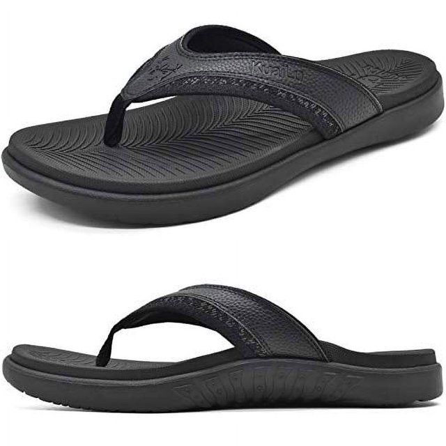 KuaiLu Mens Leather Sport Flip Flops Comfort Orthotic Thong Sandals
