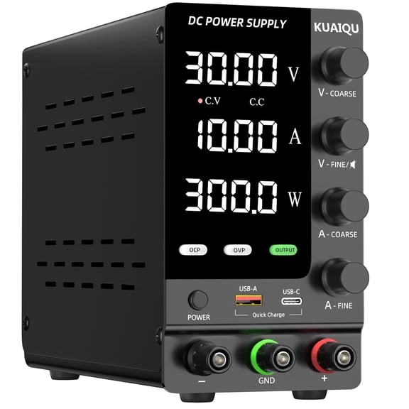 KUAIQU DC Power Supply Variable 30V 10A 300W Adjustable Bench Power Supply with OCP/OVP USB-A Type-C Fast Charge Output Switch DC Regulated Lab Power Supply with 4-Digit LED Display