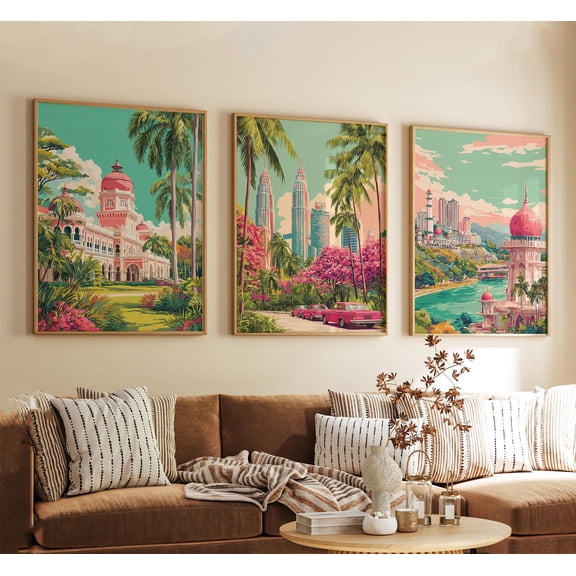 Kuala Lumpur Malaysia Poster Vintage Inspired City Skyline Wall Art Neutral Asian Travel Prints Set 3