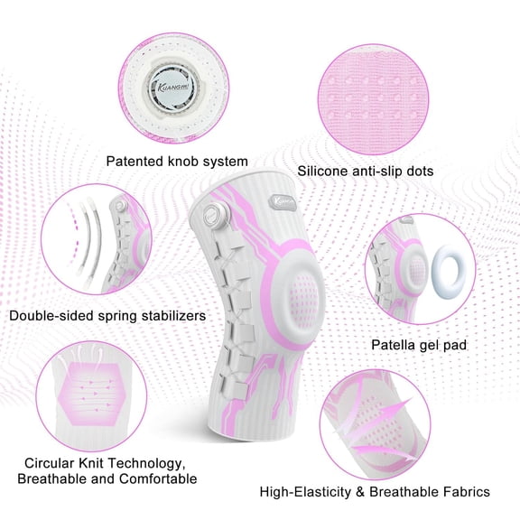 Kuangmi Adjustable Knee Joint Bracket with Patented Knob - Spring Stabilizer, Used to Relieve Knee Pain, Arthritis, and Exercise Recovery (Pink White Left L Single)