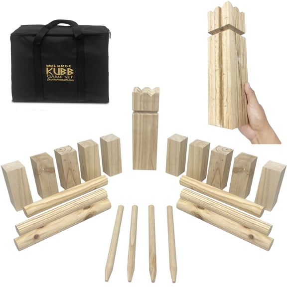 Kubb The Viking Wooden Outdoor Lawn Game Set – 1Pcs King (123.3”), 6 Pieces Tossing Batons (121.51.5”), 4 Pieces Corner Stakes (12.75”), 10Pcs Kubb Blocks (62.3X2.3”) – Zippered Bag - LARGE