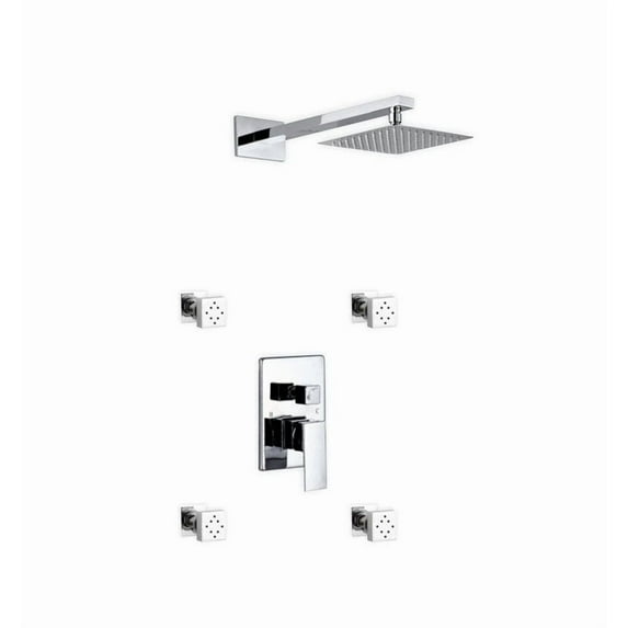 Kube Bath Aqua Piazza Chrome Brass Shower Set With 8-inch Square Rain Shower and 4 Body Jets