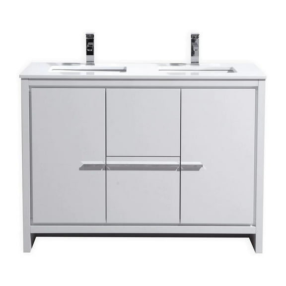 Kubebath 48 Double Sink High Gloss White Modern Bathroom Vanity with White Quartz