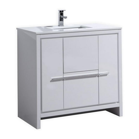 Kubebath 36 High Gloss White Modern Bathroom Vanity with White Quartz Counter-Top