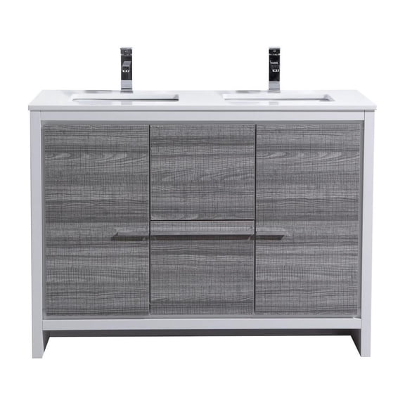 Kubebath 48 Double Sink Ash Gray Modern Bathroom Vanity with White Quartz Counter-Top