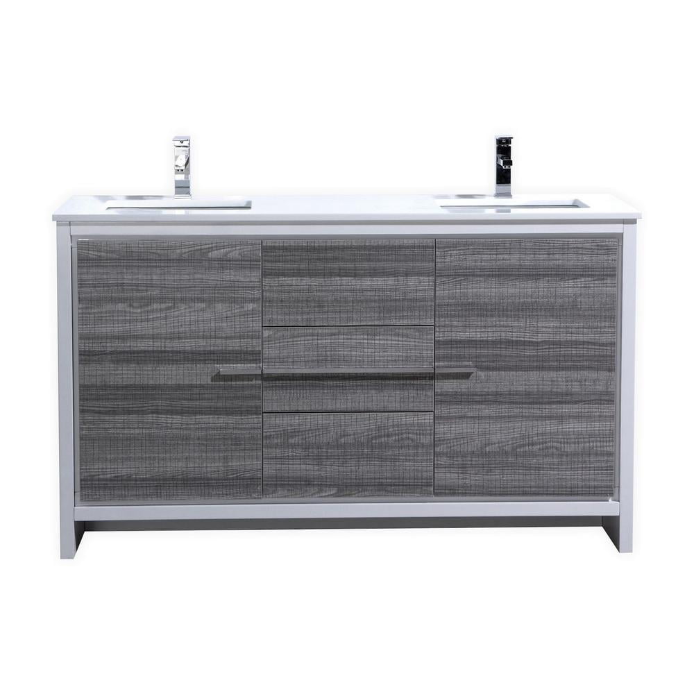 Ash Gray Double Sink Bathroom Vanity with White Quartz Countertop