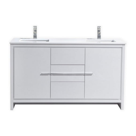 Kubebath 60 Double Sink High Gloss White Modern Bathroom Vanity with White Quartz