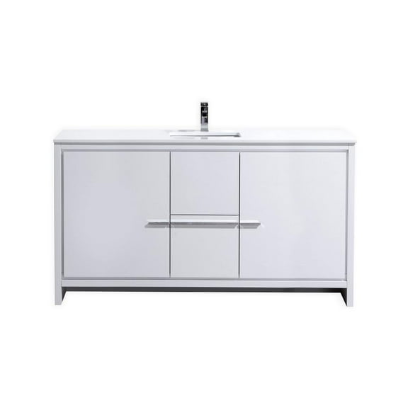Kubebath 60 High Gloss White Modern Bathroom Vanity with White Quartz Counter-Top