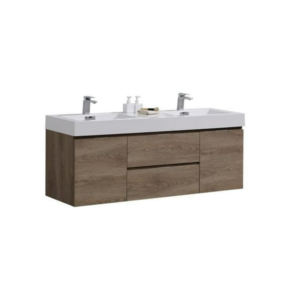 Kubebath Bliss 60" Double Sink Butternut Wall Mount Modern Bathroom Vanity